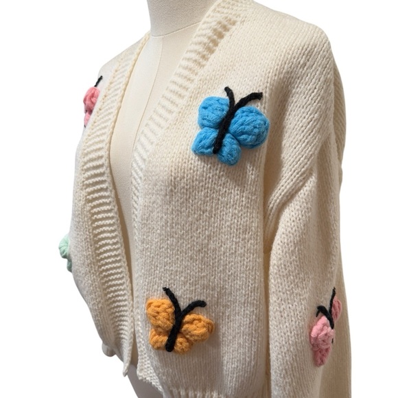 Luna Ivy Butterflies Open Cropped Cardigan Cream Pastel Womens size Small - Picture 6 of 12